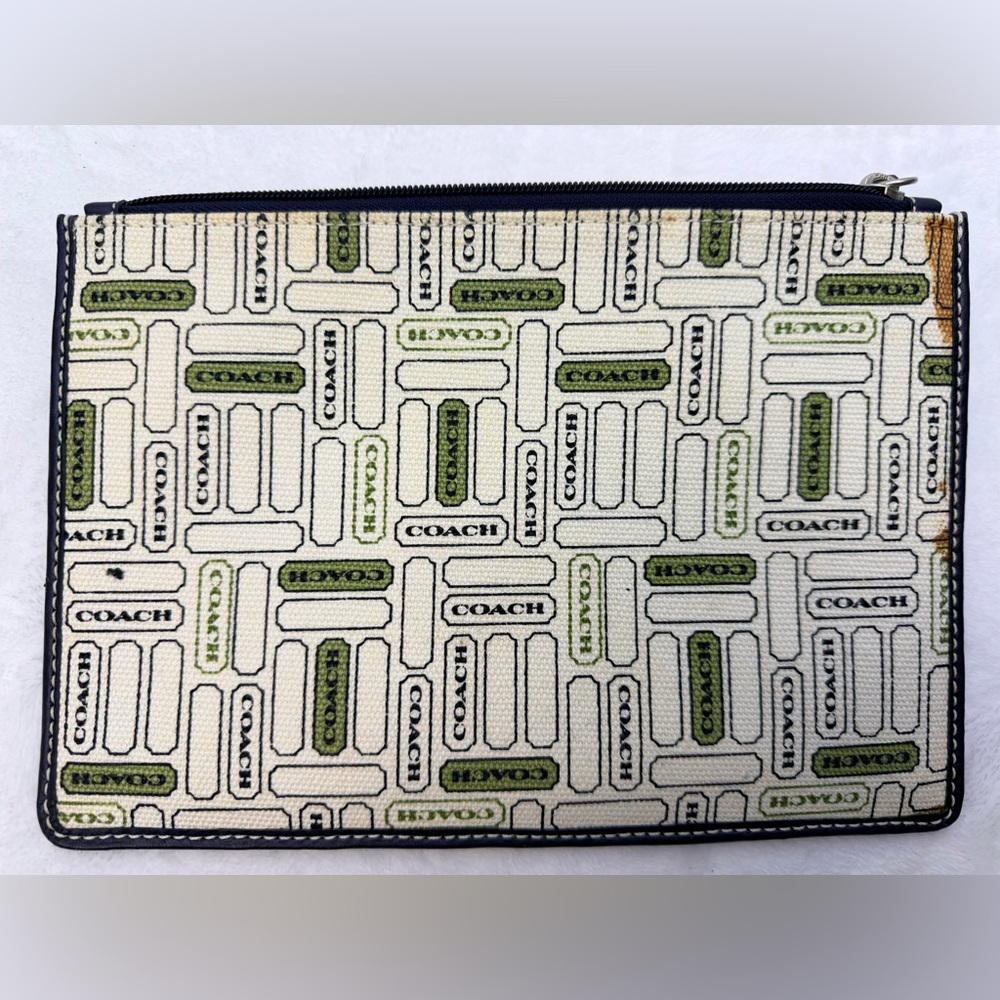 Coach Green and White Envelope/Passport Case Leather Trim Signature Logo